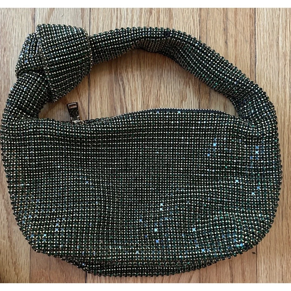 Madison West Knotted Emerald Green Rhinestone Gold Tone Dumpling Evening Handbag